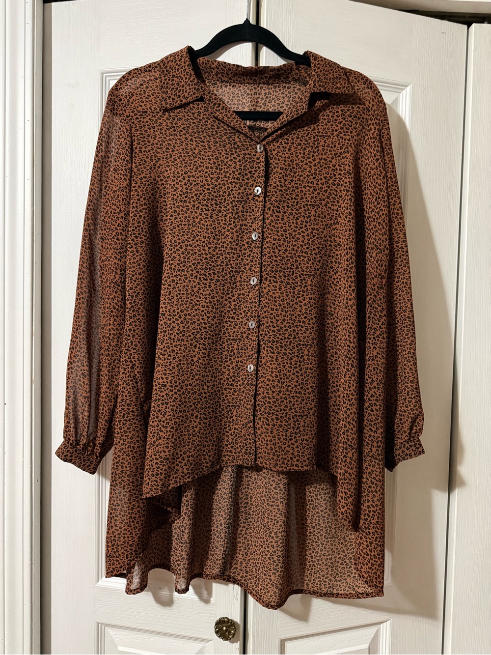 Animal Print Hi-Low Button Up Blouse in brown/rust Color